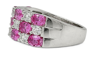 18kt white gold pink sapphire and diamond 3-row band.