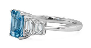 18kt white gold aqua and diamond 5-stone ring.