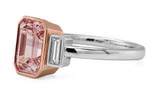 18kt white/rose gold bezel set pink morganite and diamond 3-stone ring.
