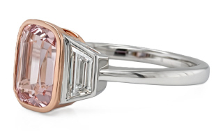 18kt white/rose gold bezel set pink morganite and diamond 3-stone ring.