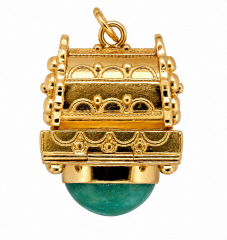 18kt yellow gold circa 1950's antique reproduction charm/ fob with blue green stone