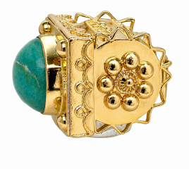 18kt yellow gold circa 1950's antique reproduction charm/ fob with blue green stone