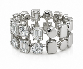 18kt white gold round and emerald cut 2 row half way band