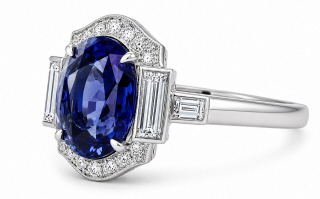 Platinum sapphire, round and baguette diamond ring