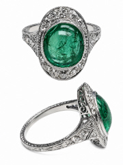 Platinum Edwardian/Deco antique emerald and diamond ring.
