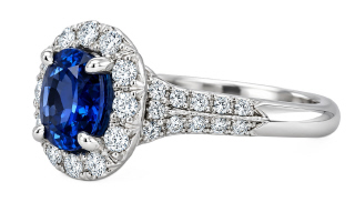 Platinum sapphire and diamond halo ring