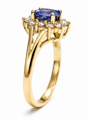 14kt yellow gold, no-heat sapphire and diamond halo style ring.