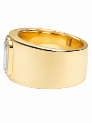 Lab Diamond: 14kt yellow gold bezel set Lab Grown Emerald Cut Diamond ring.