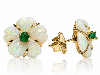 18kt yellow gold carved opal flower earrings with center round emerald.