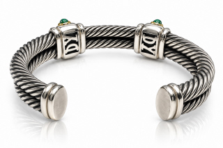 14kt Yellow gold and silver David Yurman Renaissance Double Cable Station Cuff Bracelet with Rhodalite Garnet and Green Chalcedony.