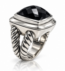 Silver David Yurman Albion cushion cut checkerboard black onyx ring.