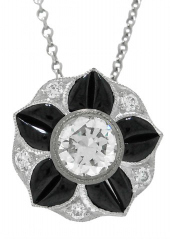 18kt white gold black onyx and diamond pendant with chain