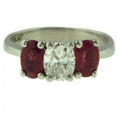 Platinum 3-stone oval dia and oval ruby ring