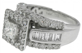 14kt white gold princess cut, baguette, and round diamond ring