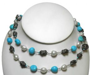 18kt yellow gold & Sterling Silver black diamond, turquoise, and pearl necklace