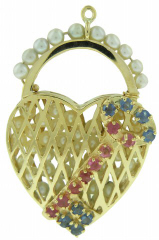 14kt yellow gold heart shape pearl, ruby, and sapphire pendant