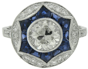 Platinum antique style diamond and sapphire ring