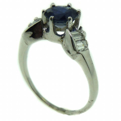 Platinum sapphire and baguette diamond ring