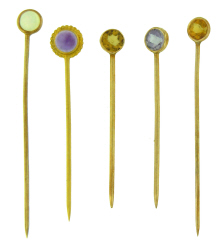 14kt yellow gold 5 citrine, amethyst, and opal hat pins with case