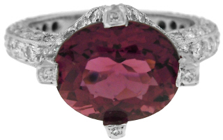 Platinum pink tourmaline and pave set diamond ring