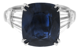 Platinum cushion shape sapphire and diamond ring